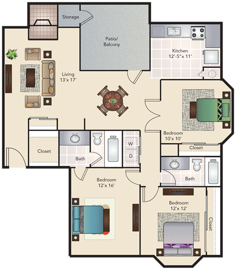 Floor plan for 3 beds, 2 baths, 1277 sqft